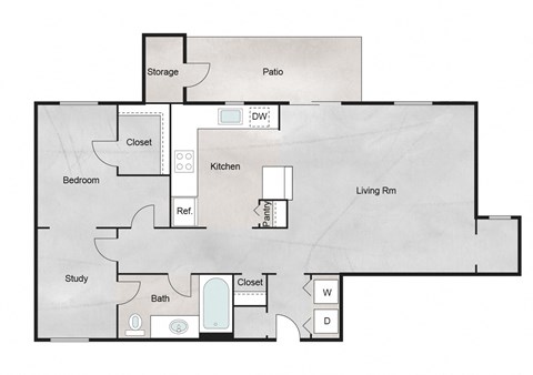 Floor plan for 1 bed, 1 bath, 891 sqft